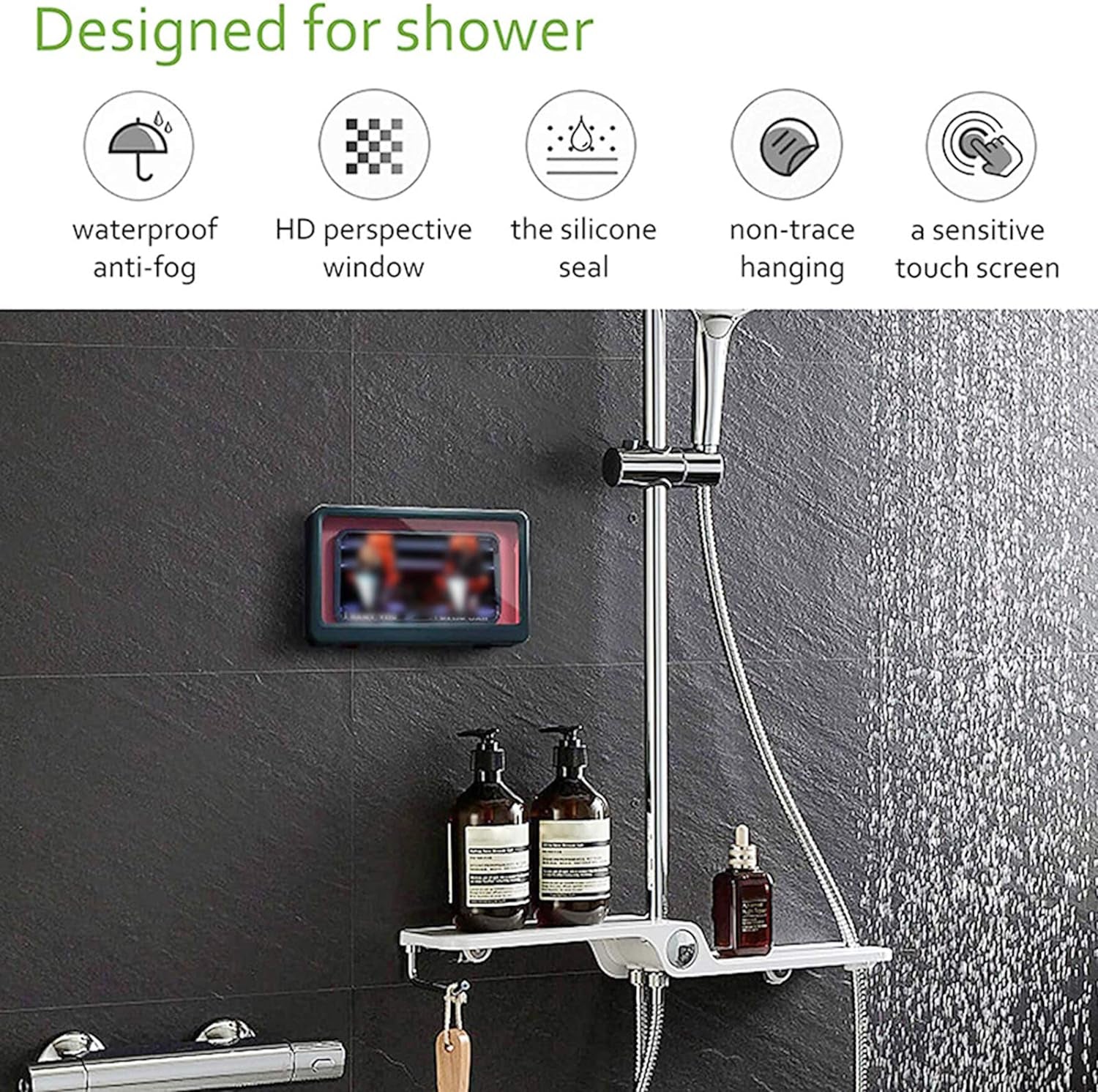 Shower Phone Holder Waterproof Wall Mount Shower TV Case HD Anti-Fog Mirror Phone Shelf Touch Screen Holder for Bathroom(Geek Blue)